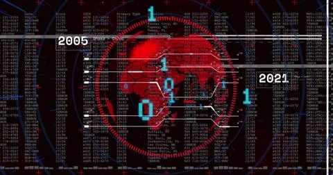 Projecting red world map in console, with HUD binary digits connection lines 스톡 사진