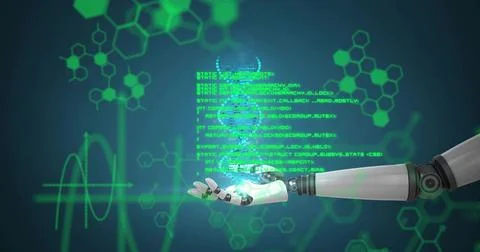 Projecting robot forearm with open hand in virtual lab, displaying hologram DNA Stock Illustration