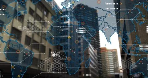 Projecting semi-transparent global map overlaying downtown street canyon, Stock Illustration