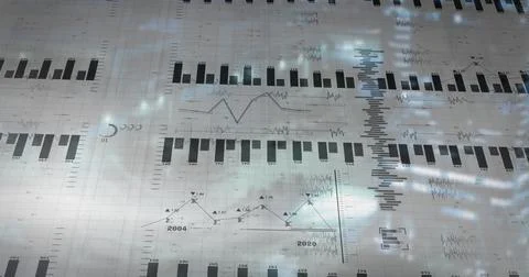 Projecting semi-transparent grid over blurred backdrop, showing bar charts, line Stock Illustration