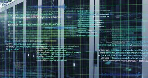 Projecting semi-transparent JS code overlay across data center rack doors, Stock-Fotos
