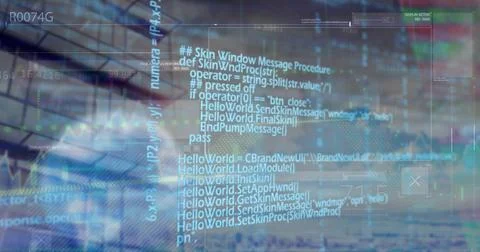 Projecting semi-transparent programming code and HUD over blurred atrium, with Stock-Fotos