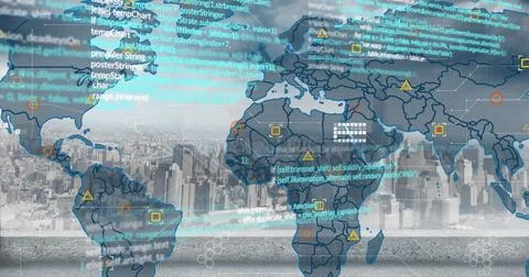 Projecting semi-transparent world map overlay spanning urban skyline, showing Stock Photos