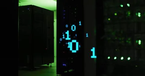 Projecting server rack displaying blue binary digits in data center aisle, with Stock Photos