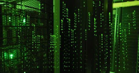Projecting server racks displaying cascading green binary digits in data center Stock Photos