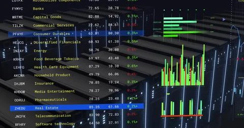 Projecting server racks displaying financial dashboard across data center floor, イラスト素材