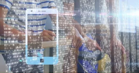 Projecting smartphone hologram with binary code on tall desk in office, father Stock Photos