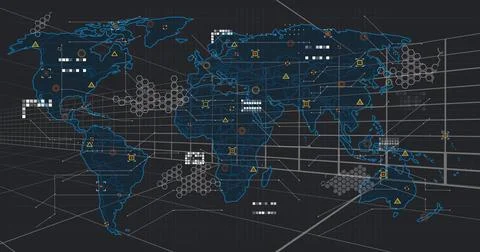 Projecting stylized neon world map outlining network links on virtual dashboard, Stock Illustration