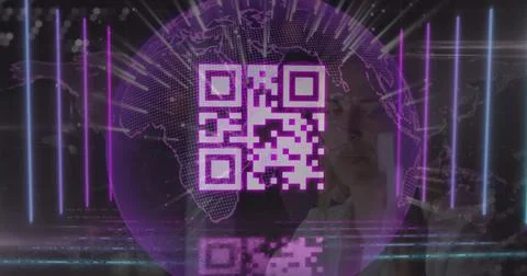 Projecting stylized purple QR code hovering over dotted globe interface, with Stock Photos
