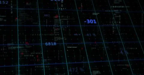 Projecting teal grid on dark HUD with floating numbers, binary, red markers and Stock Illustration
