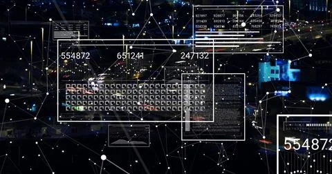 Projecting telemetry overlay over highway at night, with panels, numbers, nodes, Stock Illustration
