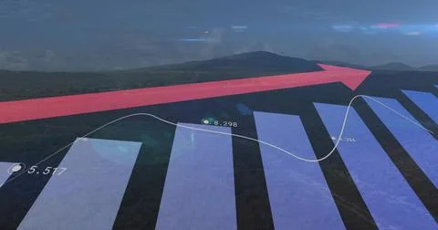 Projecting translucent 3D graph over dark terrain, showing blue bars, white Stock Photos