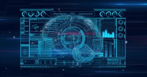 Projecting translucent 3D holographic brain over virtual interface, with HUD 스톡 일러스트
