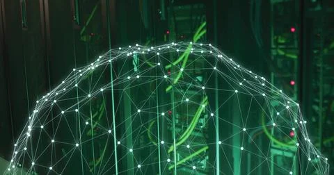 Projecting translucent 3D mesh dome over server racks and green cables in server Stock-Illustration