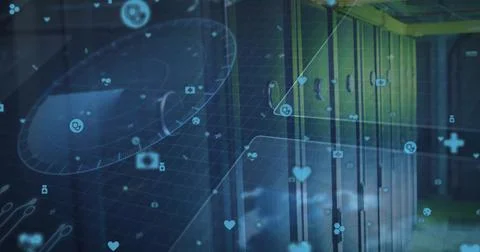 Projecting translucent AR HUD overlaying corridor with lockers, heart camera mic Stock Illustration