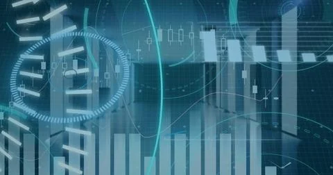 Projecting translucent bar charts across futuristic corridor pillars, with Foto stock