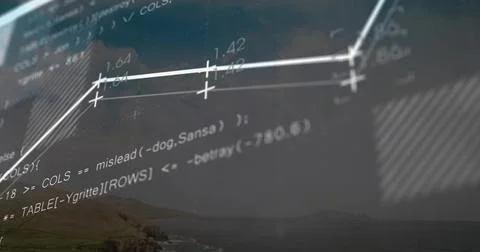 Projecting translucent code overlay across dusk cliffs and sea, showing white Stockillustratie