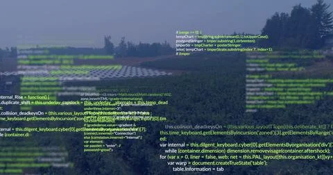 Projecting translucent code overlay across rural field, showing solar panels and 스톡 사진