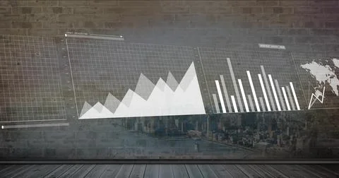 Projecting translucent data charts across textured brick wall at studio, Stock Photos