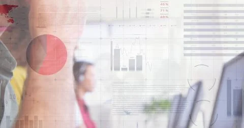 Projecting translucent data overlay across open office, merging with monitors Stock Photos