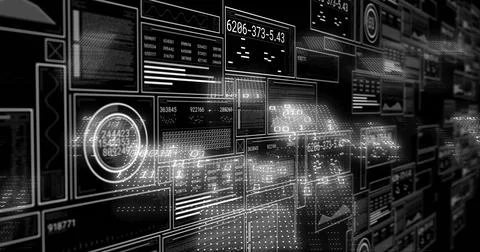 Projecting translucent data panels floating in control matrix, with HUD Stock Photos