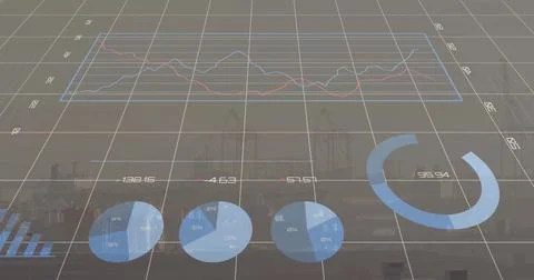 Projecting translucent data visuals across harbor port with grid plane line Foto stock