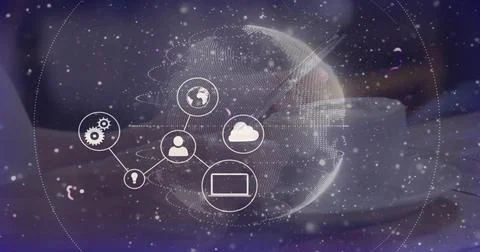 Projecting translucent dotted 3D globe hologram with linked network icons over Foto stock