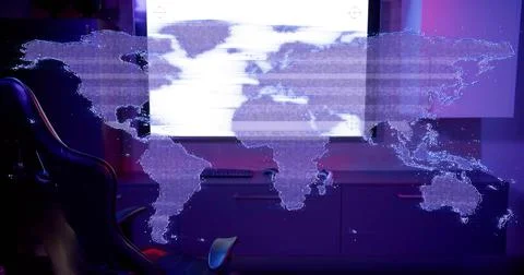 Projecting translucent dotted world map hologram across tech desk, featuring Stock Illustration