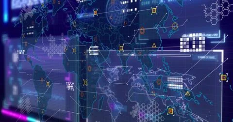 Projecting translucent global map display on control console, showing floating Stock Photos