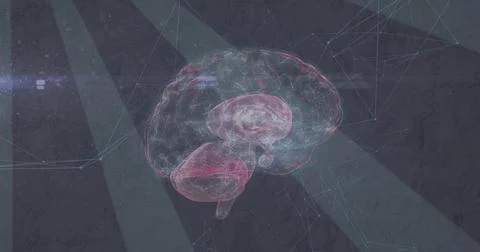 Projecting translucent holographic brain floating over dark textured plane, Stock Illustration