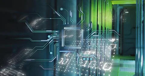 Projecting translucent holographic chip displaying circuit traces above server Stock Illustration