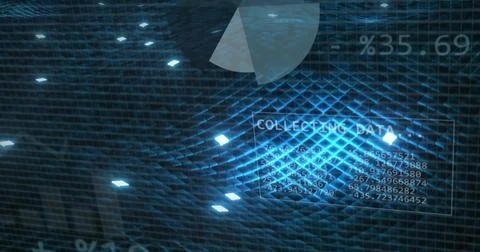 Projecting translucent HUD labeled COLLECTING DATA over glowing mesh plane with Stock Illustration