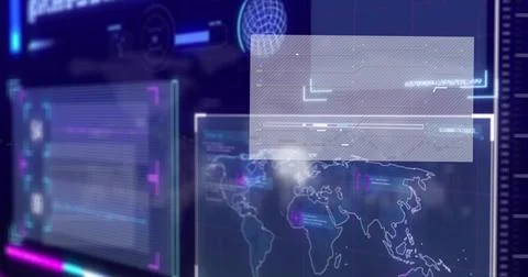 Projecting translucent panels displaying world map, HUD with progress and Stock Illustration