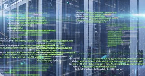 Projecting translucent source code overlay over glass tower facade with HUD 스톡 사진