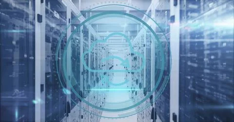 Projecting translucent teal cloud icon overlay in data center aisle, Stock Photos