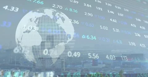 Projecting translucent wireframe globe hologram floating over city skyline, with Stock Photos