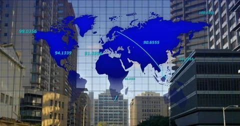 Projecting translucent world map overlay across downtown block, showing numeric 스톡 사진