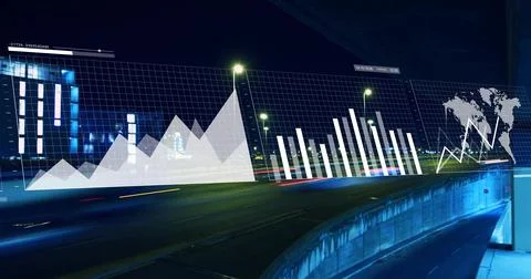 Projecting transparent data overlay covering elevated highway at night, with Stock Illustration