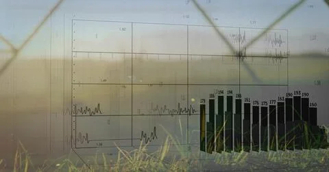 Projecting transparent data visualization overlaying rural field, showing black Stock Photos