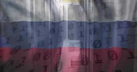 Projecting tricolor flag and binary code over server racks at datacenter, 스톡 일러스트