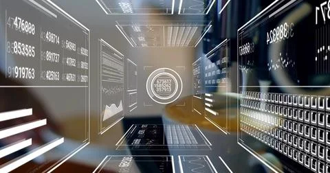 Projecting virtual data corridor receding in data lab, with circular HUD and 写真素材