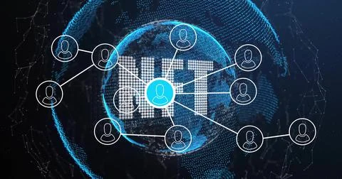 Projecting white dot-matrix IOT letters over dark virtual network, with stylized Illustrazione stock