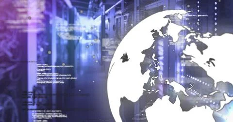 Projecting white globe hovering over racks in data center corridor, blinking 库存照片