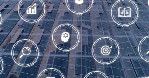 Projecting white tech icon grid including search and analytics on glass curtain Stock Photos