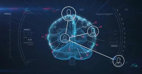 Projecting wireframe brain glowing in virtual interface, with user icons and HUD Illustrazione stock