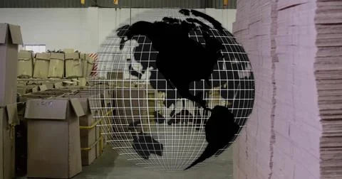 Projecting wireframe globe overlaying in warehouse showing cardboard boxes on Stock Illustration