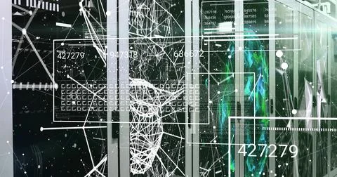 Projecting wireframe head mesh over glass racks in data center, showing numeric Stock Illustration