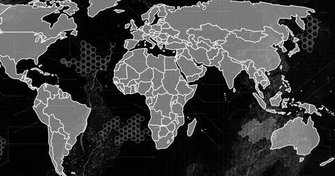 Projecting world map in digital display, showing continent outlines with hex イラスト素材