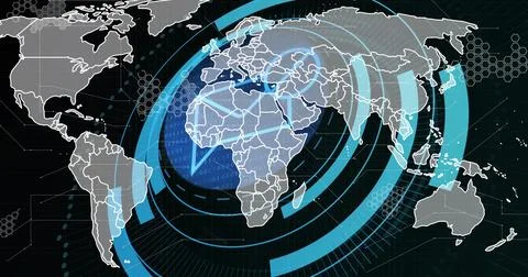 Projecting world map graphic on interface screen showing concentric rings, hex Stock Photos