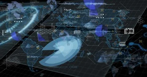 Projecting world map over grid in holographic HUD, showing radar arcs, node Ilustração Stock